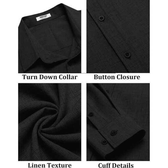 Men Black Long Sleeve Button Down Linen Shirt Casual Untucked Chambray Shirt - Picture 5 of 6